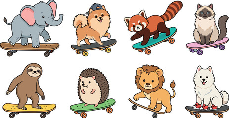 Fototapeta premium Cute Wild Animal Characters Riding Skateboards Cartoon Vector Set Featuring Elephant Lion Sloth Hedgehog Red Panda Cat Dog and Pomeranian