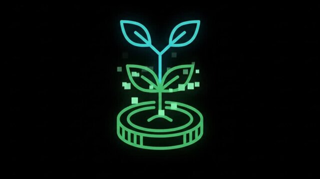 Neon growth icon with plant sprouting from coin
