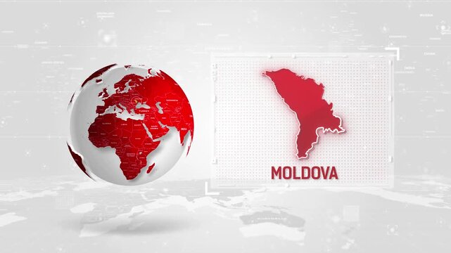 Moldova 4K Tech Map Beside Globe On White Background.