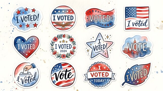 Set of watercolor i voted stickers for election day, patriotic american flag theme, handdrawn illustrations of voting symbols and slogans