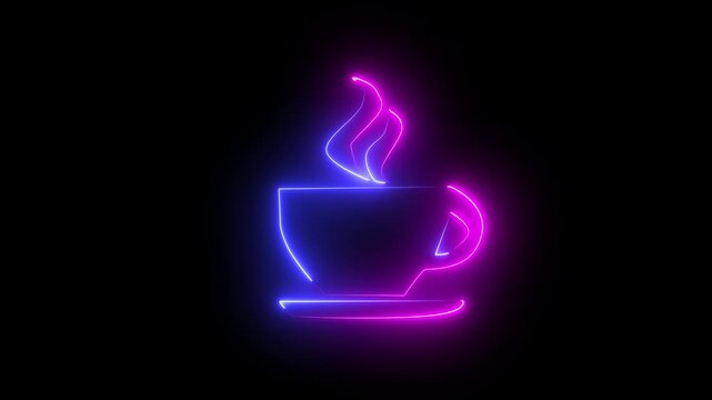 Neon coffee cup icon on black background with glowing effect around it 4K video animation.