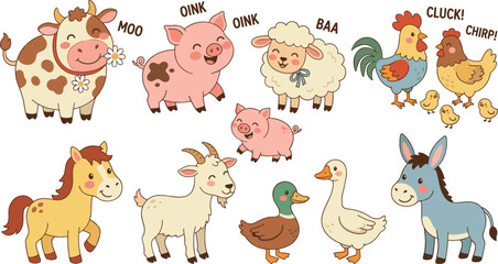 Obraz premium Cute Farm Animals Cartoon Illustration Set with Cow Pig Sheep Horse Goat Duck Donkey Sounds for Children Graphic Designs