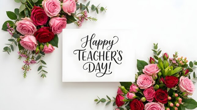 Beautiful floral arrangement with a greeting card for celebrating the annual teachers day event