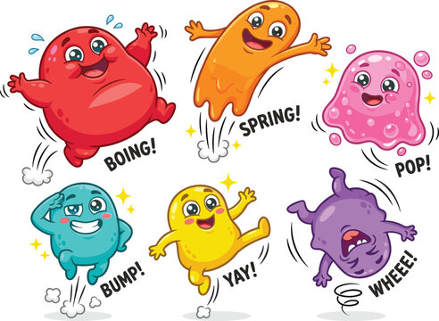 Cute Colorful Slime Monster Characters Set Jumping with Fun Sound Effect Text like Boing, Pop, and Whee for Kids Designs