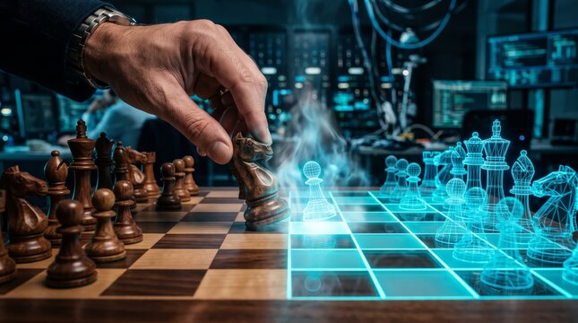Business strategist moving wooden knight against glowing digital chess pieces within modern technology data center with glowing holographic blue
