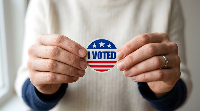 Closeup of a person holding an i voted sticker isolated on white background