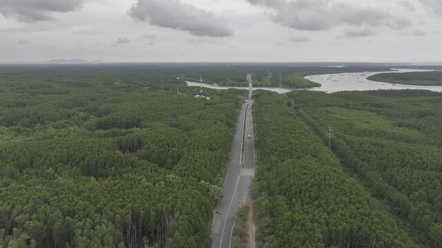 Aerial drone footage of Can Gio Mangrove Forest and winding rivers in Ho Chi Minh City, Vietnam, showcasing UNESCO biosphere reserve, lush wetlands and pristine tropical landscape.