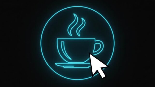 Neon coffee cup icon with steam animation cafe
