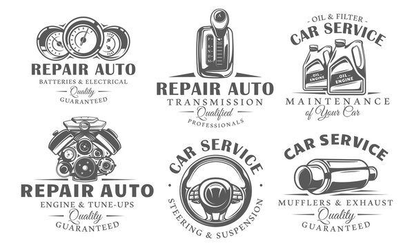 Car part logo set includes an engine, steering wheel, gearbox, dashboard meters, exhaust pipe and oil canisters. Design element for auto service branding and car maintenance. Vector illustration