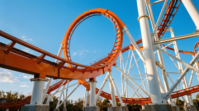 Orange Roller Coaster Vertical Loop Against Clear Blue Sky