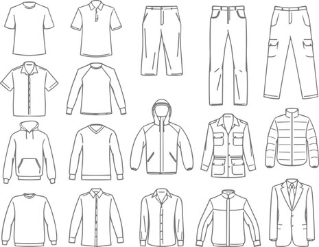 Set of men's clothing linear outlines of shirts, pants, and jackets