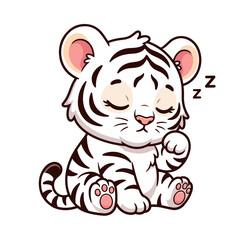 Fototapeta premium Sleeping Tiger Cub: A cute, cartoon-style white tiger cub with closed eyes and striped fur naps peacefully, with a sleepy Zzz symbol floating above its head.