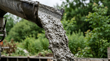 Fototapeta premium Wet Concrete Pouring from Mixer Truck Chute at Construction Site