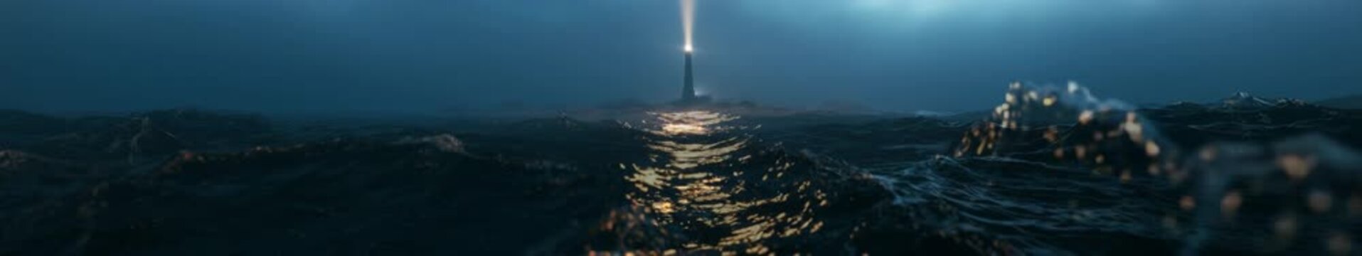 Distant Lighthouse Beam Over Dark Ocean Waves at Night, Panoramic Seamless Loop