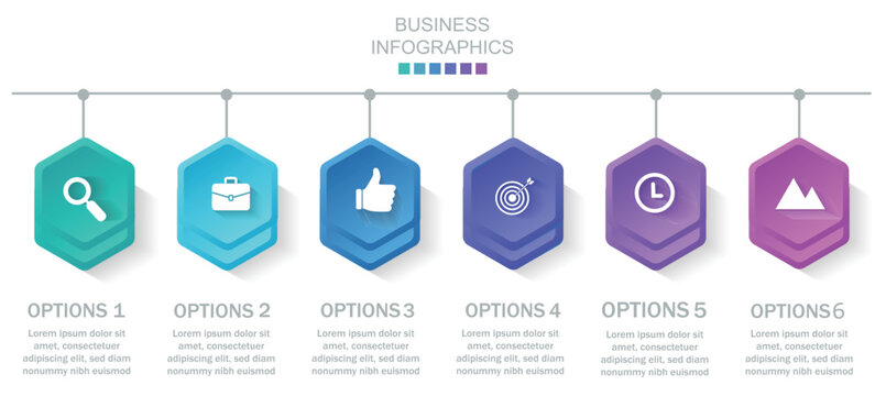 6 clean infographic design shaped elements template, symbolizing the six stages of business strategy and progression. Progress bar or timeline. Vector for presentation, web site 