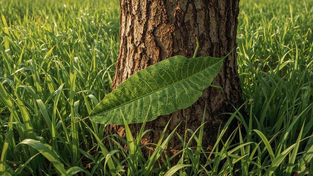 A leaf leaning against a tree trunk in a grassy field.