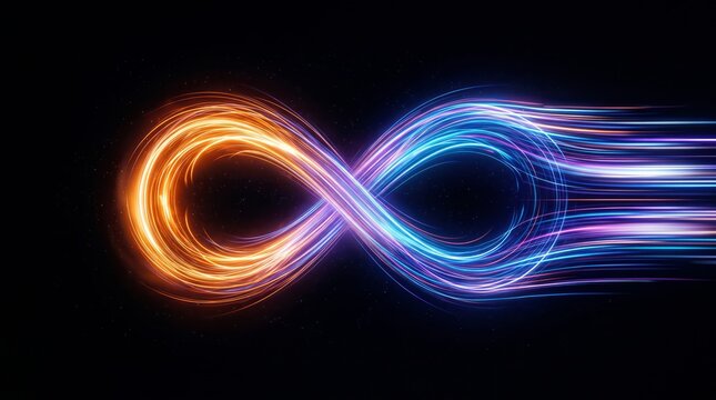 Dynamic infinity symbol composed of glowing orange and blue light trails against dark background with displays luminous infinity with symbol formed swirling