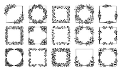 Vintage Square Floral Frame and Decorative Border Collection Featuring Hand Drawn Botanical Leaf Elements for Elegant Wedding Invitations Greetings and Graphic Branding Projects © MDSOBUJ