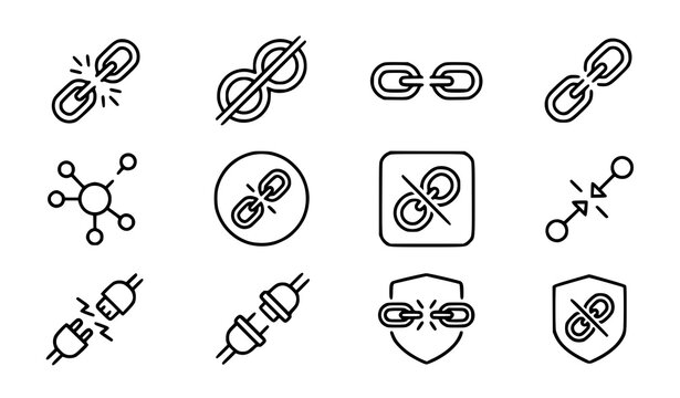 Hyperlink Connection and Broken Link Security Line Icon Set with Detached Plugs and Network Disconnect Symbols for Websites SEO Apps and Interface Designs