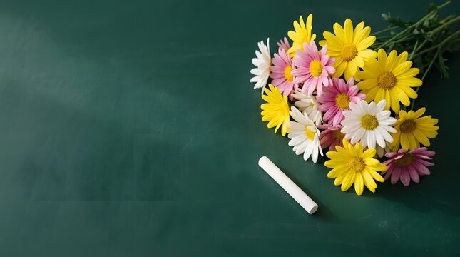 Beautiful colorful flowers and white chalk on a green chalkboard background for teachers day celebration