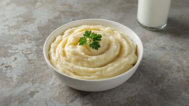 Creamy mashed potatoes with a sprig of parsley served in a white bowl, accompanied by a glass of milk on a grey textured surface.