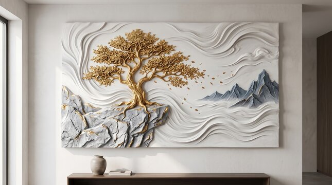 Three dimensional bas relief wall art featuring golden tree and mountain landscape on white surface with sculpture with perched rocky cliffside