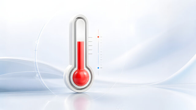 White modern thermometer with red liquid level indicator on bright background. Concept of climate control technology, healthcare diagnostic tools, and weather station equipment.
