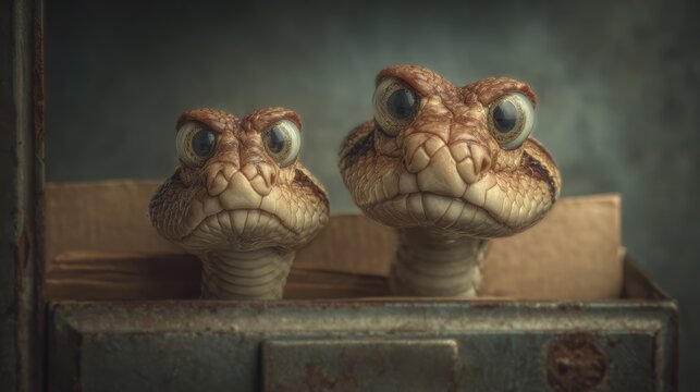 Close-up of two snake heads peeking out from a rusty metal box with textured brown skin and intense gaze