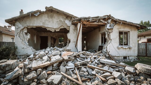 Damaged house with rubble and destruction. Structural collapse and debris. The scene of destruction and ruin. Property damage and devastation.