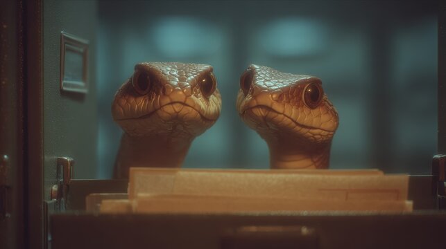 Curious reptile gaze of two small snake heads peeking from behind wooden drawers in dim indoor environment
