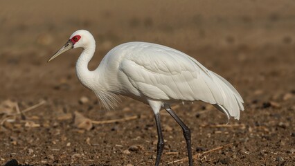 Fototapeta premium White crane bird standing on ground with a blurred natural background. Wildlife and bird photography, nature scene. The image captures elegance and wildlife.