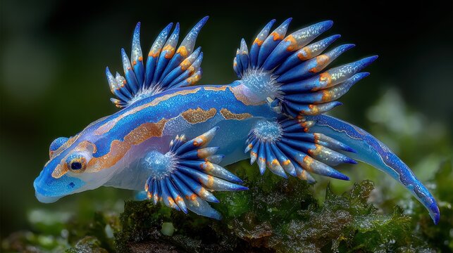 Vibrant blue sea slug with orange and white accents crawling on underwater moss in marine habitat close-up