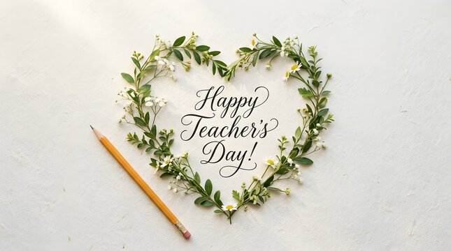 Beautiful floral heart frame with happy teachers day greeting and a pencil on white background