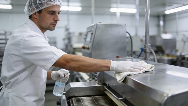 Employee wearing protective clothing cleaning food production equipment following strict hygiene and safety standards.
