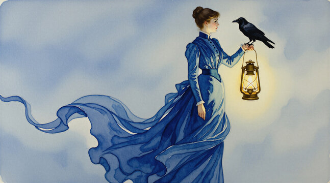 Watercolor painting of elegant woman wearing flowing blue Victorian dress. Lady holds glowing golden lantern with black raven bird perched on hand. Fantasy style art mysterious gothic character in