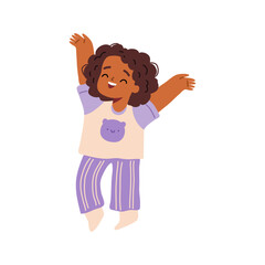 Cute toddler character with raised hands and positive emotions. Vector in flat style, schoolgirl wearing pajama happy emotional kid with closed eyes jumping, running or dancing, carefree kiddo