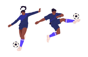 Obraz premium Man and woman playing football game. Vector isolated training characters in motion, running and jumping, tournament or preparation for play. Personages wearing uniform for match, energetic athletes