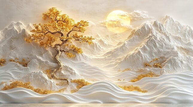 3D mural wallpaper shows white, gold waves, gold tree. Design embossed creating relief effect. Abstract art decorates wall background. Modern design for home. 8k Resolution