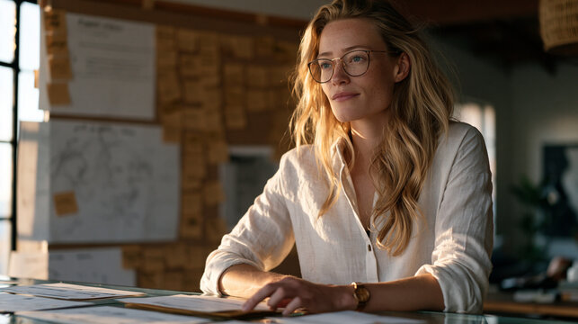 A design facilitation consultant stands alone at golden hour beside a wall of sticky notes and ancestral charts, layering ancient genomic timeline cards onto a glass surface,