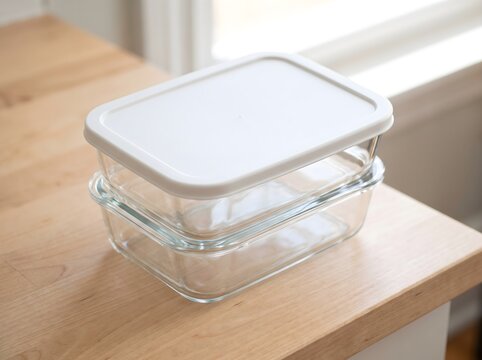 Clean glass food storage containers on wooden counter representing healthy eating and organized kitchen lifestyle.