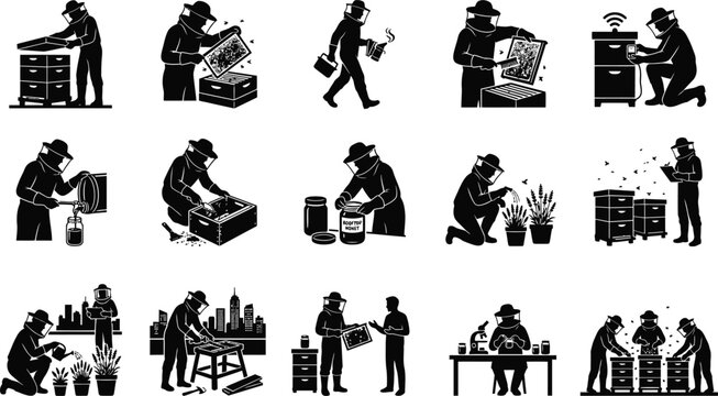 Black and white silhouette set of professional beekeeper activities and honey production processes in various apiary work scenes