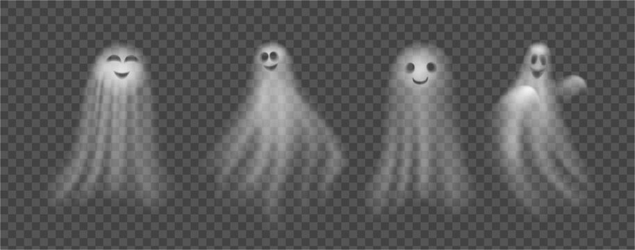 Realistic ghosts set. Vector isolated scary halloween apparition face. Ghostly phantom, flying figure or night eerie dead ghoul, evil spooky poltergeist. Humor october Halloween holiday
