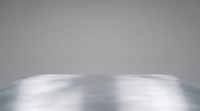 Front view of a brushed metal table representing clean precision for product display with copy space in a minimalist studio.