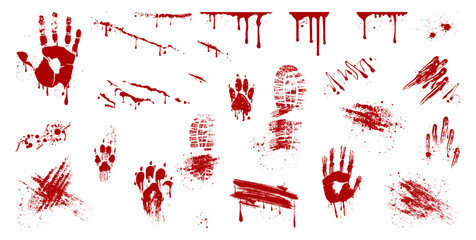 Blood elements set, isolated splashes and cuts, scratches and handprints. Vector palm marks, bloody drips and flows, scattered drops and fingerprints. Accident or crime scene simulations © Sensvector