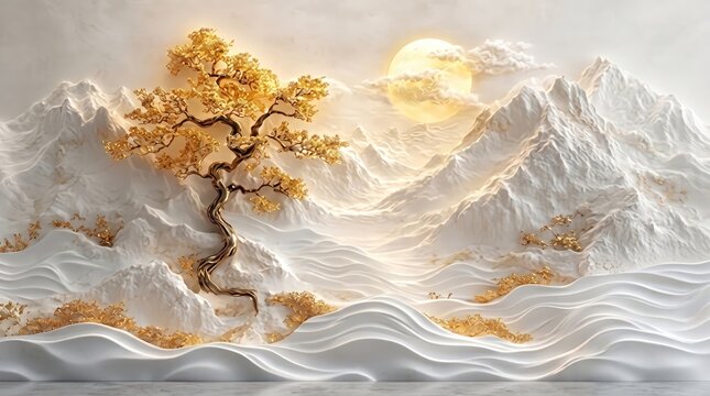 3D mural wallpaper with white, gold waves, gold tree design. Embossed pattern creating relief effect. Abstract art decorating wall background. Modern home design. 32k Resolution