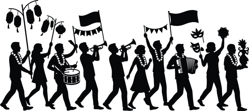 Silhouette illustration of a festive crowd marching in a parade with musical instruments and lanterns