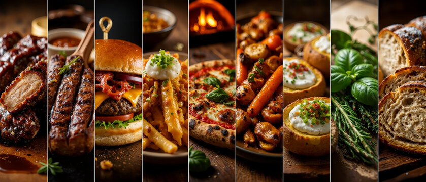 Rustic food collage banner, gourmet restaurant menu dishes with grilled meats, pizza, burger and fresh herbs, culinary background