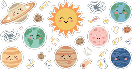 Cute Solar System Sticker Set with Cartoon Kawaii Sun Earth Saturn Jupiter Moon Stars Galaxies and Planets Vector Graphic Elements © imran
