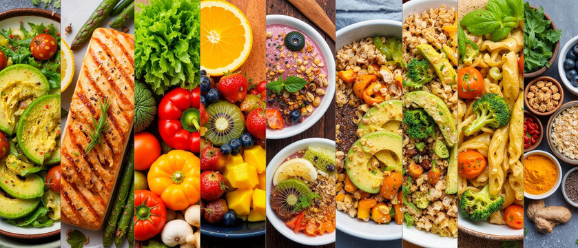 Healthy food collage banner, nutritious balanced diet meals with grilled salmon, fresh vegetables, avocado salad, and fruit smoothie bowls
