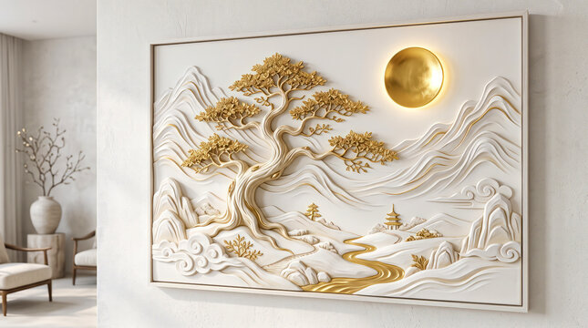 3D mural wallpaper showing white, gold waves and gold tree. Design embossed to create relief effect. Abstract art decorates the wall background. Modern design for home decor. 32k Resolution